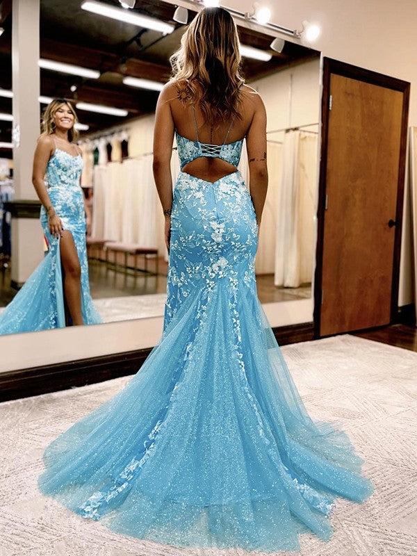 Lace Applique Spaghetti Straps Sleeveless Sweep/Brush Train Dresses