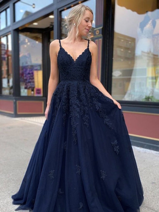 Tulle Applique V-neck Sleeveless Sweep/Brush Train Dresses