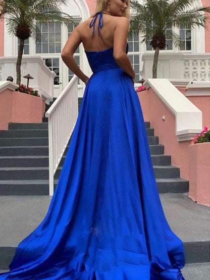 Woven Satin Ruffles V-neck Sleeveless Sweep/Brush Train Dresses