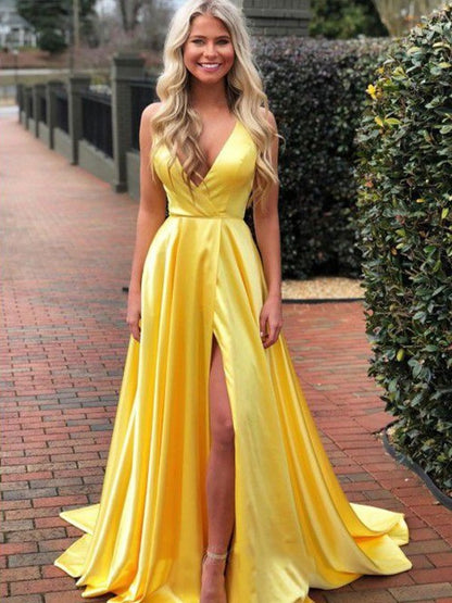 Woven Satin Ruffles V-neck Sleeveless Sweep/Brush Train Dresses