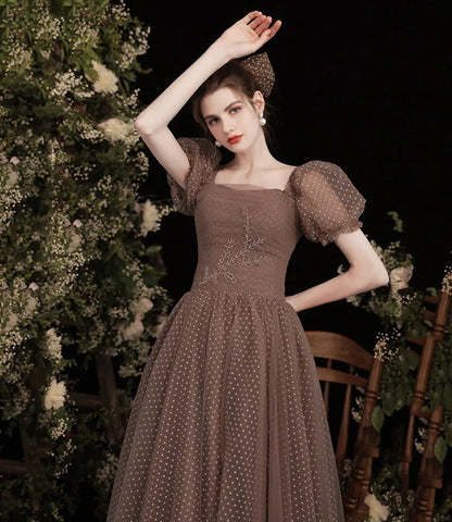 Pretty Tulle Short Sleeves Floor Length Prom Dress