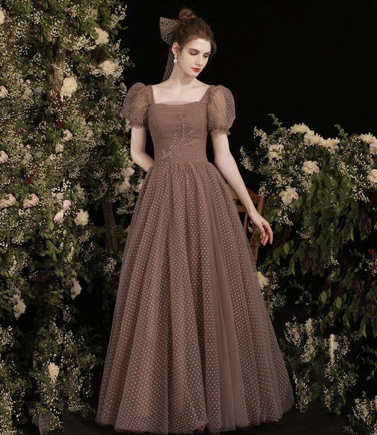 Pretty Tulle Short Sleeves Floor Length Prom Dress
