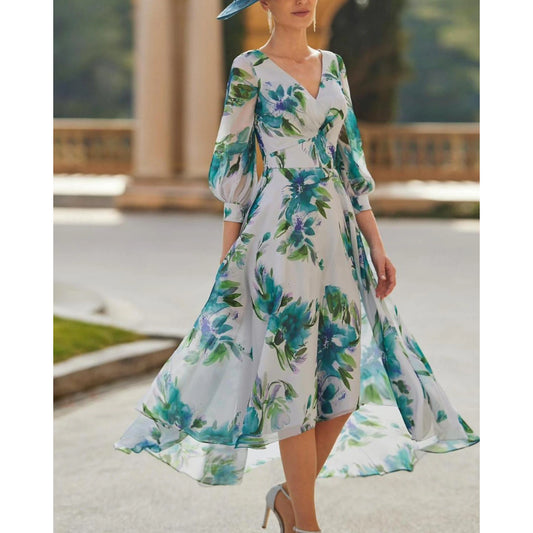 A-Line Mother of the Bride Dress Formal Wedding Guest Elegant Derby Dress V Neck Tea Length Chiffon Polyester 3/4 Length Sleeve