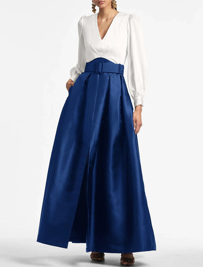 A-Line Evening Gown Party Dress Elegant Dress Formal Wedding Guest Floor Length Short Sleeve V Neck Belt / Sash Satin