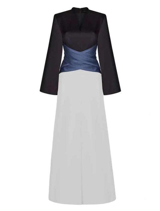 Evening Gown Elegant Dress Formal Floor Length Long Sleeve V Neck Satin with Pleats Ruched Slit