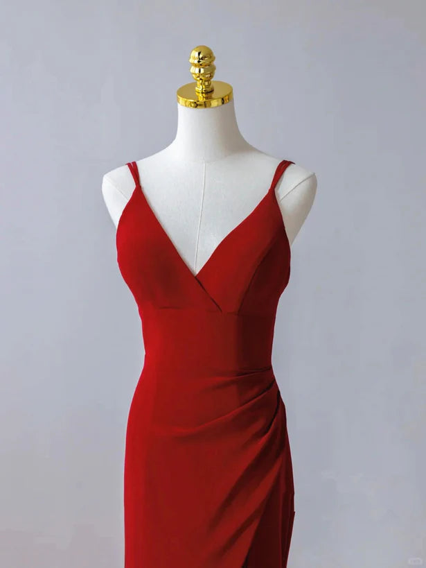 Pretty Red Mermaid Straps Long Evening Prom Dress with Leg Slit