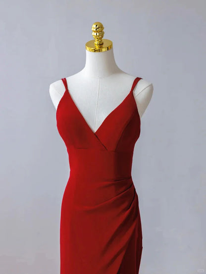Pretty Red Mermaid Straps Long Evening Prom Dress with Leg Slit