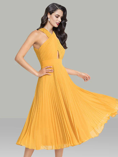 Cocktail Party Tea Length Sleeveless Halter Chiffon with Ruched