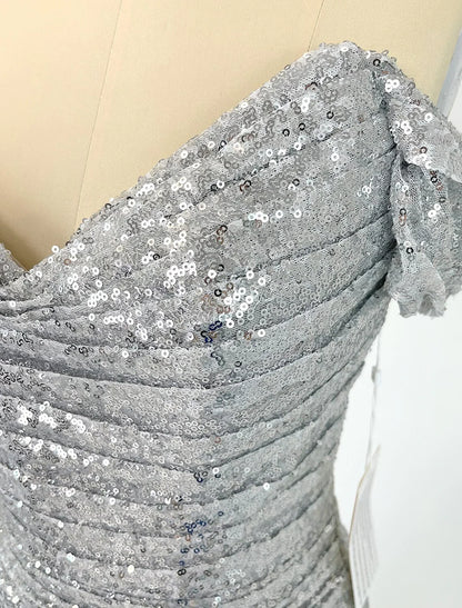 Evening Gown Sparkle & Shine Dress Cocktail Party Floor Length Short Sleeve Off Shoulder Sequined with Ruched