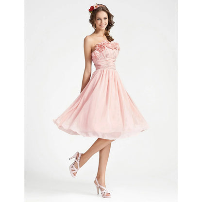 Cocktail Party Knee Length Sleeveless Strapless Chiffon with Ruched Draping Flower
