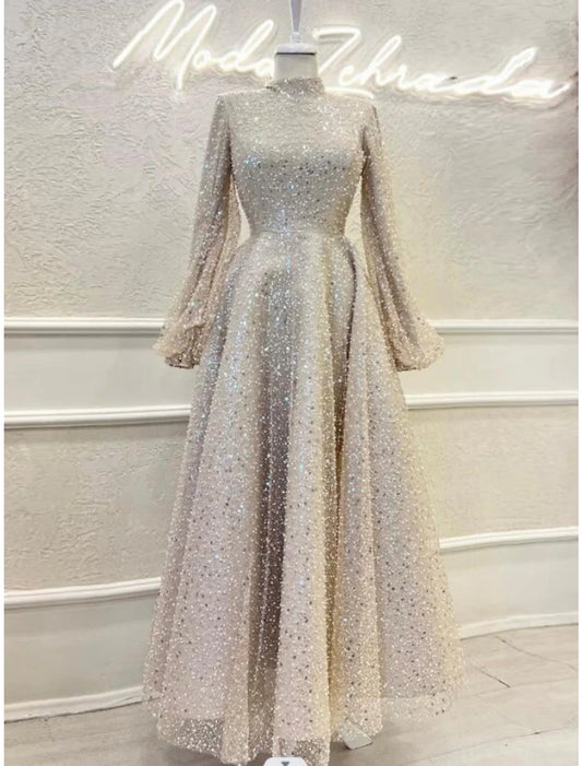 Evening Gown Elegant Dress Formal Ankle Length Long Sleeve High Neck Sequined with Glitter Pleats