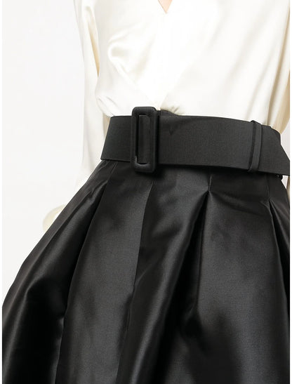 A-Line Evening Gown Party Dress Elegant Dress Formal Wedding Guest Floor Length Short Sleeve V Neck Belt / Sash Satin