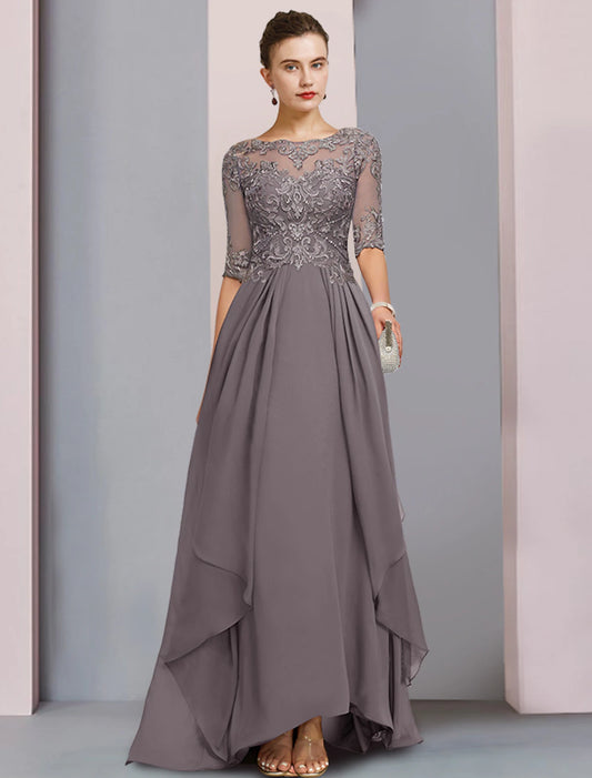 Sheath / Column Mother of the Bride Dress Wedding Guest Elegant Party Scoop Neck Asymmetrical Chiffon Lace Half Sleeve