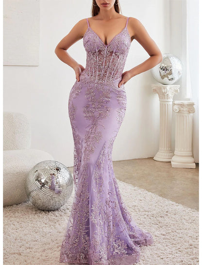 Mermaid / Trumpet Prom Dresses Celebrity Style Dress Graduation Prom Court Train Sleeveless V Neck Lace