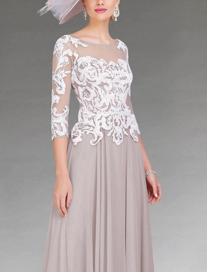 A-Line Mother of the Bride Dress Elegant Jewel Neck Asymmetrical Ankle Length Chiffon Lace 3/4 Length Sleeve