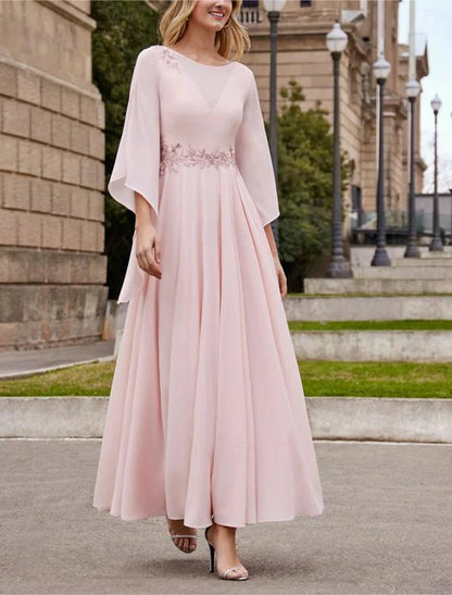A-Line Mother of the Bride Dress Kentucky Derby Dresses Formal Wedding Guest Elegant Derby Dress Bateau Neck Ankle Length Chiffon 3/4 Length Sleeve