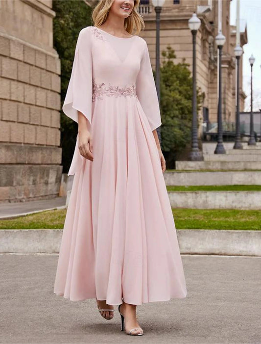A-Line Mother of the Bride Dress Kentucky Derby Dresses Formal Wedding Guest Elegant Derby Dress Bateau Neck Ankle Length Chiffon 3/4 Length Sleeve