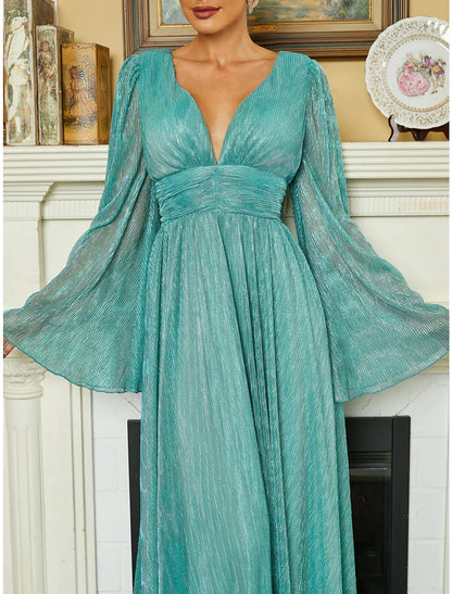 Evening Gown Elegant Dress Formal Court Train Long Sleeve V Neck Sequined with Glitter Pleats
