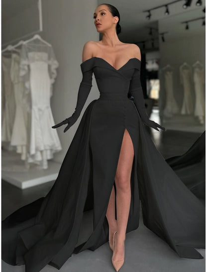 A-Line Evening Gown Elegant Dress Formal Court Train Long Sleeve Off Shoulder Satin