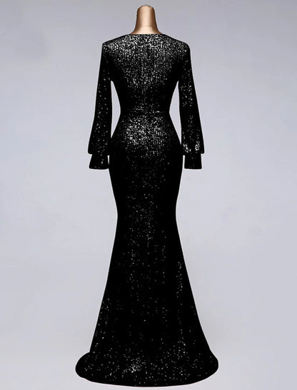 Evening Gown Elegant Dress Wedding Guest Floor Length Long Sleeve V Neck Tulle with Sequin Slit