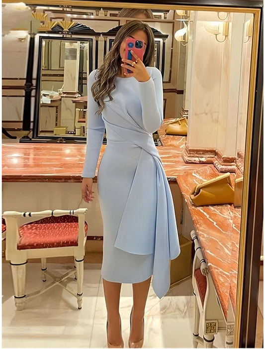 Sheath Formal Dress Cocktail Dresses Elegant Christmas Red Green Dress Formal Fall Knee Length Long Sleeve Jewel Neck with Pleats Ruched