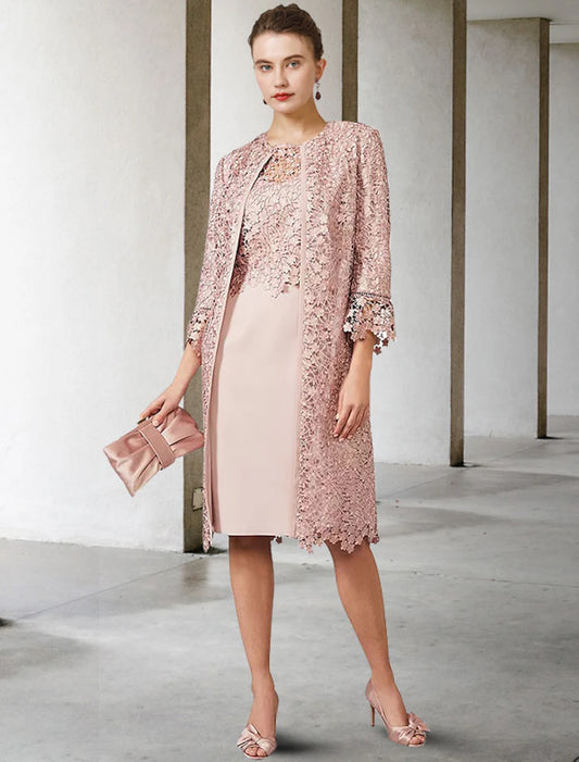 Two Piece Sheath / Column Mother of the Bride Dress Church Elegant Jewel Neck Knee Length Chiffon Lace Short Sleeve Jacket Dresses