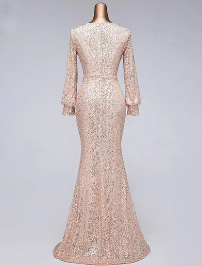 Evening Gown Elegant Dress Wedding Guest Floor Length Long Sleeve V Neck Tulle with Sequin Slit