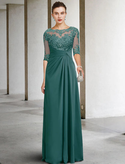 Sheath / Column Mother of the Bride Dress Wedding Guest Elegant Plus Size Jewel Neck Floor Length Chiffon Lace Short Sleeve