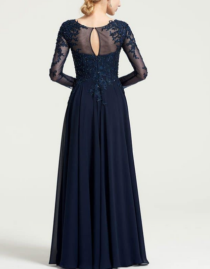 A-line/Princess 3/4 Sleeve Long/Floor-Length Chiffon Dress With Appliqued