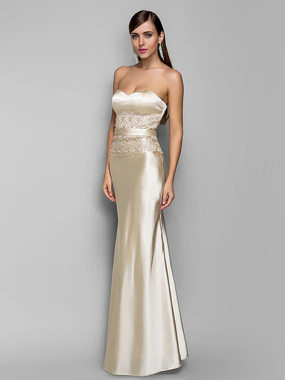 Evening Gown Open Back Dress Wedding Guest Floor Length Sleeveless Sweetheart Stretch Satin with Appliques