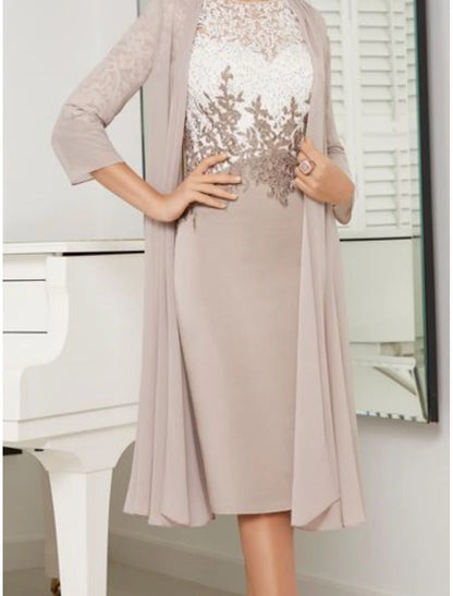 Two Piece Sheath / Column Mother of the Bride Dress Wedding Guest Elegant Petite Scoop Neck Knee Length Chiffon Lace 3/4 Length Sleeve