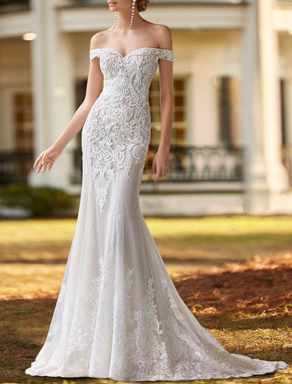 Engagement Formal Wedding Dresses Two Piece Off Shoulder Cap Sleeve Court Train Satin Bridal Gowns