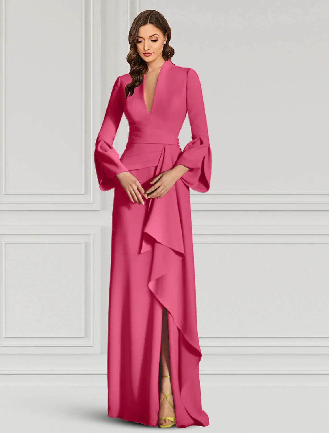 Sheath Evening Gown Elegant Black Dress Formal Cocktail Party Dress Floor Length Long Sleeve V Neck Fall Wedding Guest with Ruffles