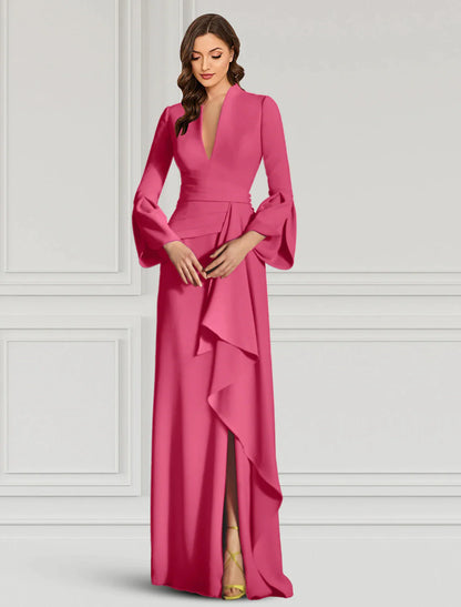 Sheath Evening Gown Elegant Black Dress Formal Cocktail Party Dress Floor Length Long Sleeve V Neck Fall Wedding Guest with Ruffles