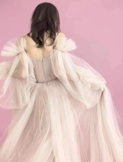 A-Line Elegant Boho Engagement Formal Evening Birthday Dress Scoop Neck Long Sleeve Sweep / Brush Train Tulle with Pleats Ruched
