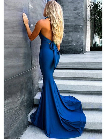 Evening Gown Empire Dress Prom Court Train Sleeveless V Neck Stretch Fabric with Pleats