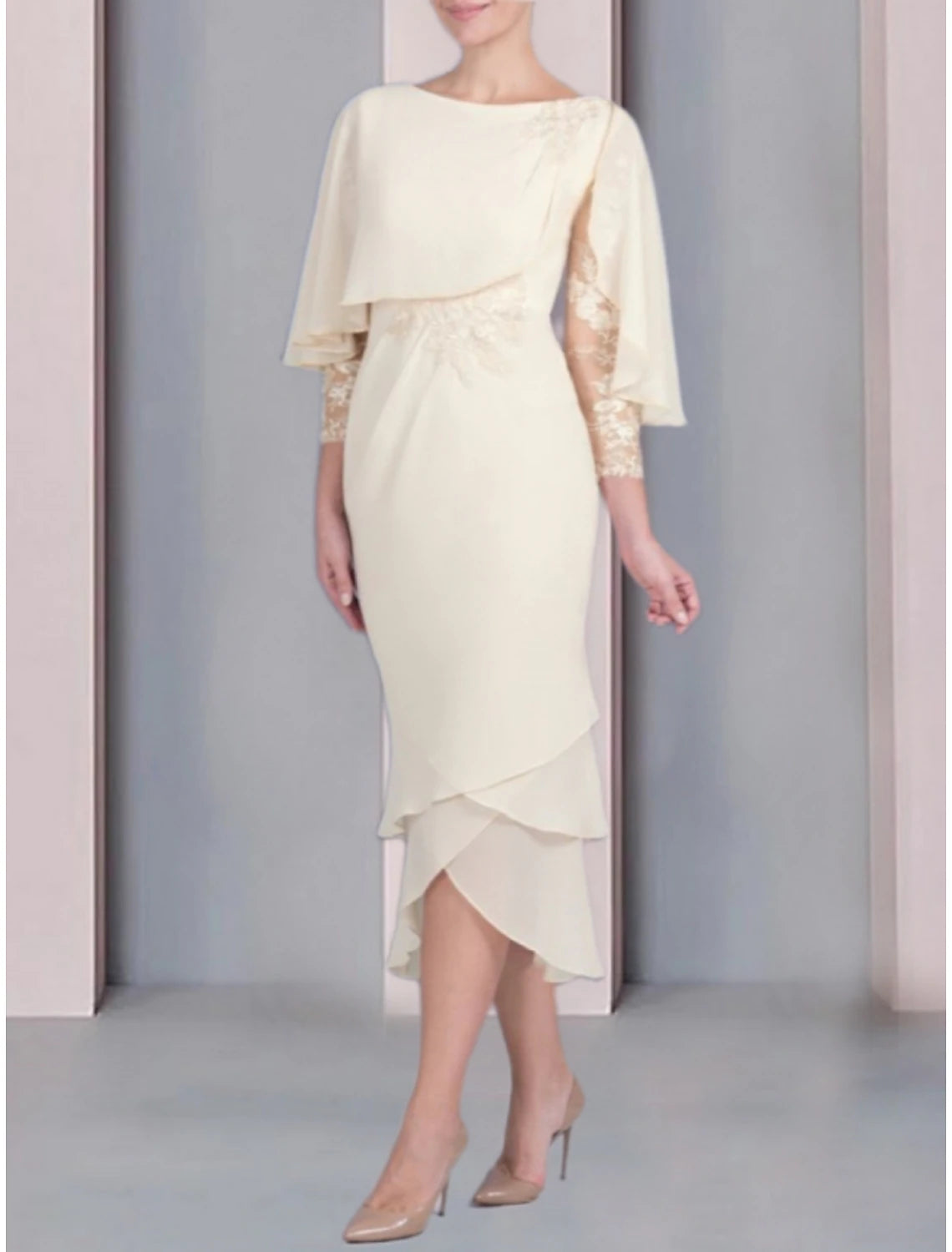 Sheath / Column Mother of the Bride Dress Wedding Guest Elegant Petite Scoop Neck Tea Length Chiffon 3/4 Length Sleeve