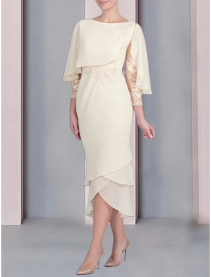 Sheath / Column Mother of the Bride Dress Wedding Guest Elegant Petite Scoop Neck Tea Length Chiffon 3/4 Length Sleeve