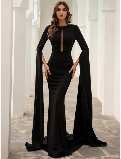 Evening Gown Elegant Dress Formal Fall Court Train Long Sleeve Jewel Neck Stretch Fabric with Pleats