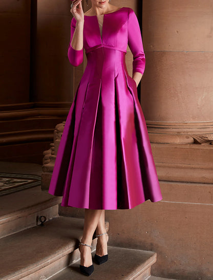 A-Line Cocktail Dresses Minimalist Dress Party Dress Wedding Guest Tea Length 3/4 Length Sleeve Jewel Neck Fall Wedding Guest Satin