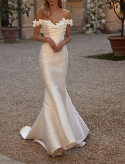 Engagement Formal Wedding Dresses Sheath / Column Off Shoulder Cap Sleeve Court Train Satin Bridal Gowns