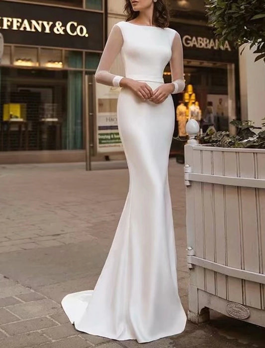 Reception Royal Style Simple Wedding Dresses Mermaid / Trumpet Scoop Neck Long Sleeve Sweep / Brush Train Satin Bridal Gowns