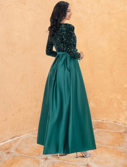 Cocktail Dresses Sparkle & Shine Dress Wedding Party Floor Length Long Sleeve V Neck Sequined with Sequin