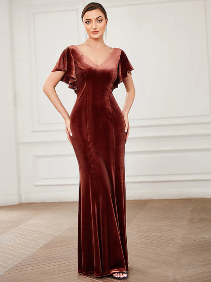 Evening Gown Vintage Dress Formal Floor Length Short Sleeve V Neck Velvet V Back with Ruffles Pure Color