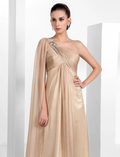 Evening Black Tie Gala Dress One Shoulder Sleeveless Floor Length Chiffon with Criss Cross Crystals