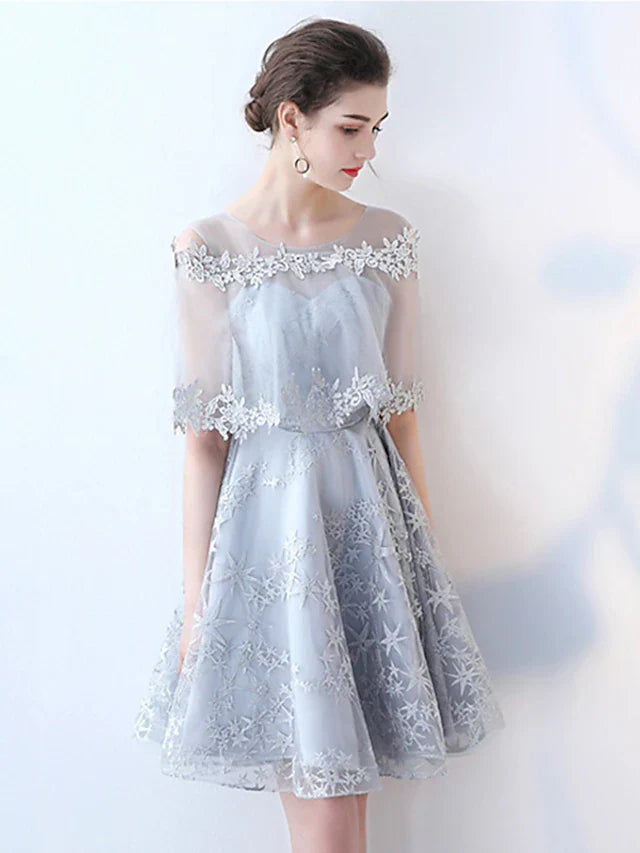 Cocktail Party Dress Jewel Neck Half Sleeve Short / Mini Tulle with Lace Insert Pattern / Print