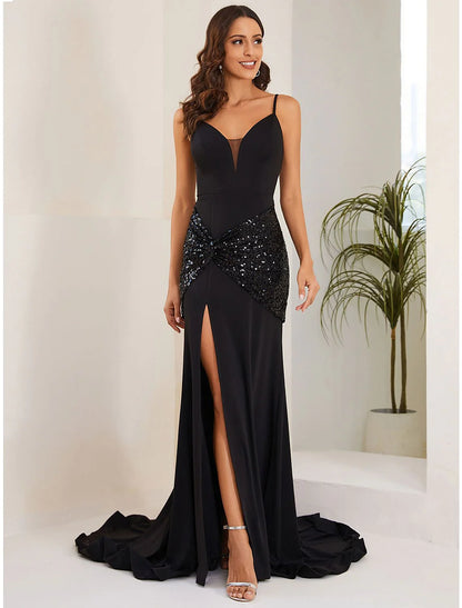 Evening Gown Sexy Dress Formal Court Train Sleeveless Spaghetti Strap Stretch Fabric with Crystals Slit