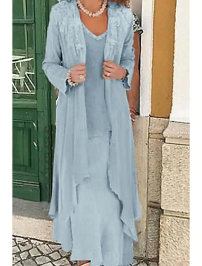 Two Piece A-Line Mother of the Bride Dress Formal Wedding Guest Elegant Plus Size Casual V Neck Floor Length Lace Linen Cotton Blend Sleeveless Jacket Dresses
