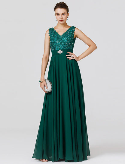 Wedding Guest Formal Evening Floor Length Sleeveless V Neck Chiffon V Back with Sash / Ribbon Beading