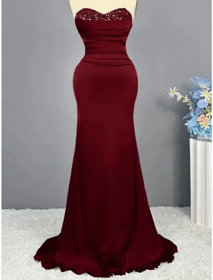 Evening Gown Elegant Dress Formal Sweep / Brush Train Christmas Red Green Dress Sleeveless Sweetheart Imitation Silk with Pleats Ruched Sequin